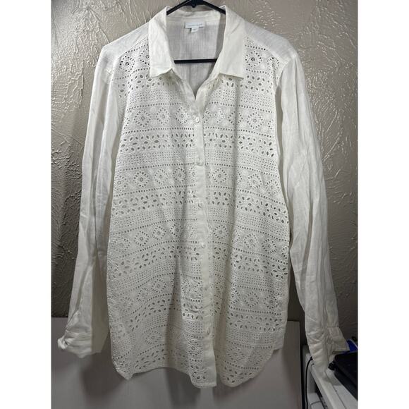 Womens J Jill love Linen Lace Cut Out Front Linen Button Shirt Cover Up Size XL - Picture 1 of 7